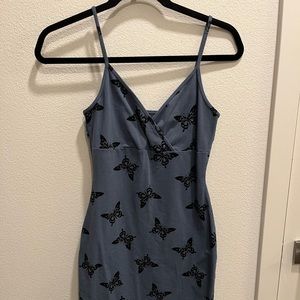 Blue butterfly print bodycon dress